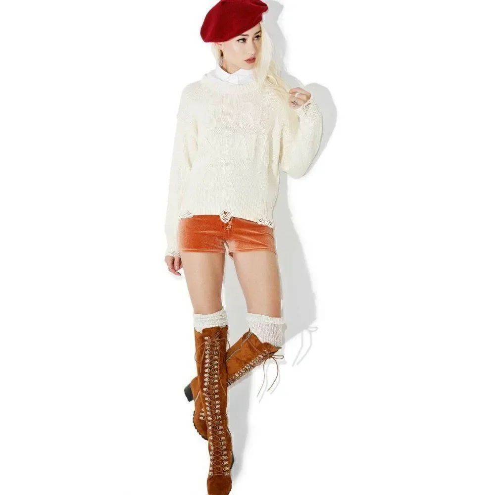 NWT WILDFOX Sz M SURE YEAH OK DISTRESSED PULLOVER SWEATER IN LATTE CREAM IVORY